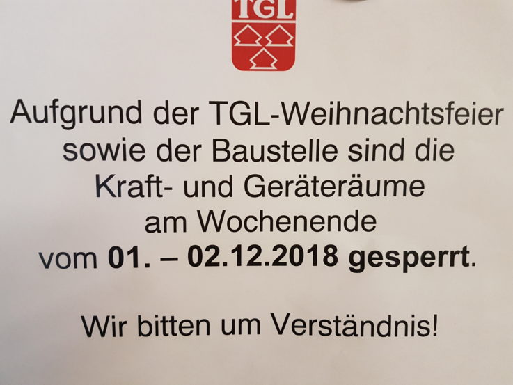 Wegen TGL-Weihnachtsfeier und Baustelle: Fitness- und Kraftsportbereich am Wochenende gesperrt