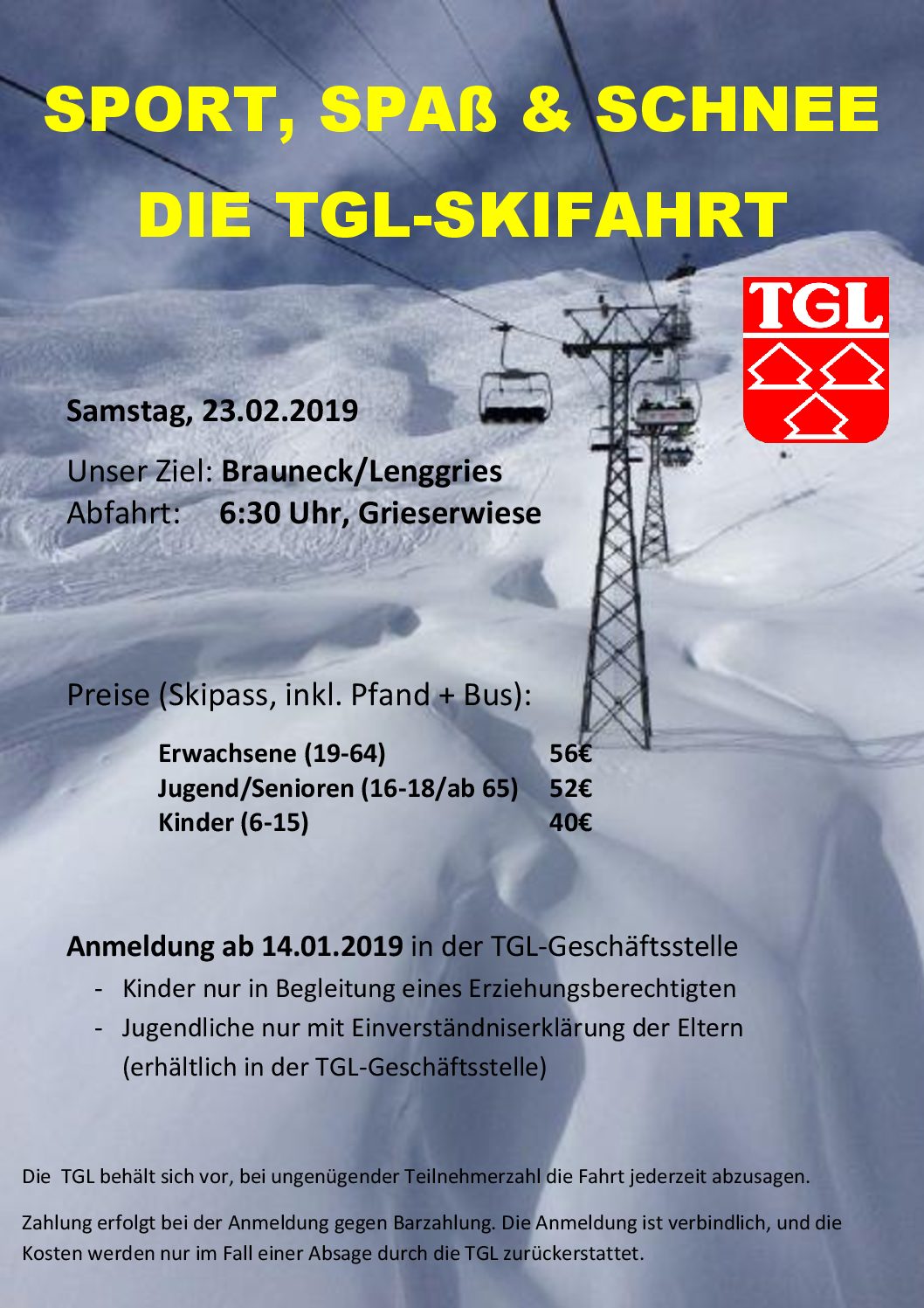 Skifahrt der TGL – Anmeldung in der Geschäftsstelle