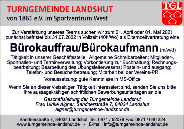 Turngemeinde Landshut sucht als Elternzeitvertretung Verstärkung für ihre Geschäftsstelle