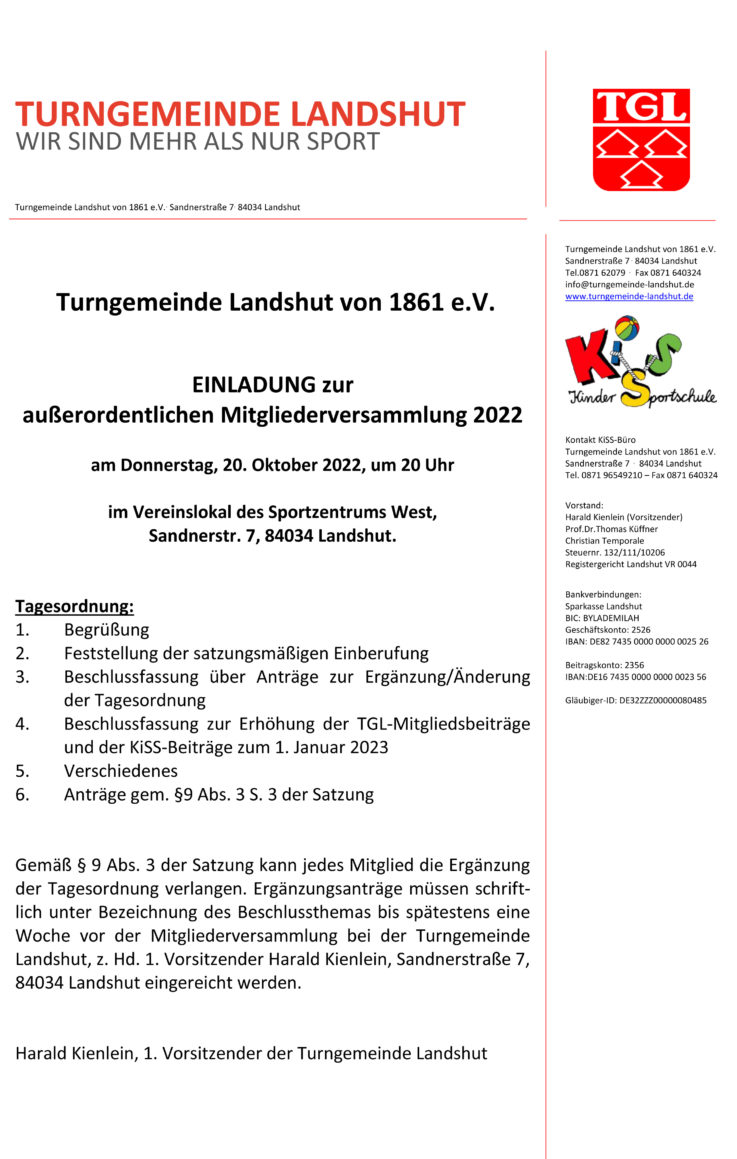 Außerordentliche Mitgliederversammlung der Turngemeinde Landshut