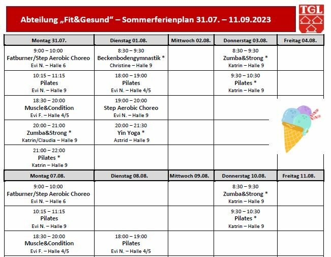Sommerferienplan der Abteilung Fit&Gesund